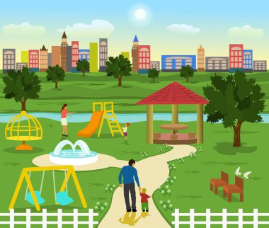 Oyun alanında dere ve ağaçlar vardır. Aile dinlenmek için. Çocuklar oynuyorlar arka planda bir bina ve mavi gökyüzü var.