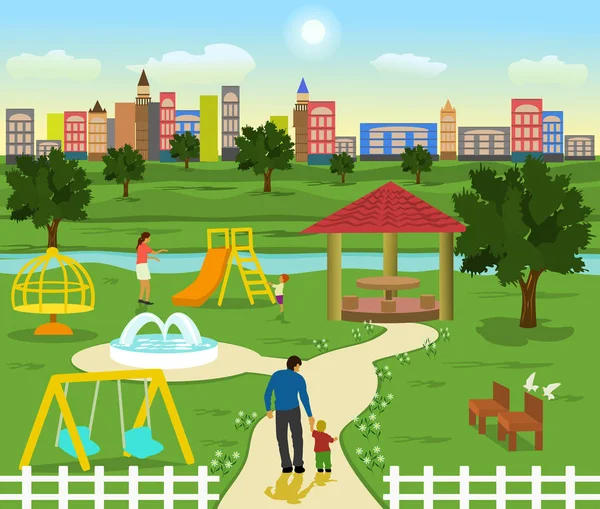 Oyun alanında dere ve ağaçlar vardır. Aile dinlenmek için. Çocuklar oynuyorlar arka planda bir bina ve mavi gökyüzü var.