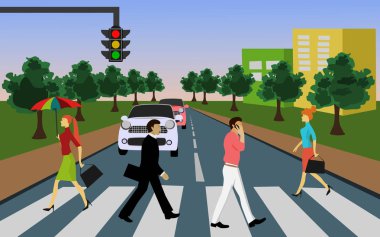 Yaya geçidinden geçen insanlar araba ağaç ve mavi gökyüzü arka plan ile bekleyen durdu var