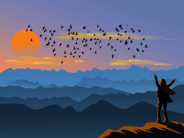 The woman stood up and showed his hands on the top of the mountain happily. There are  mountains and sunset background clipart