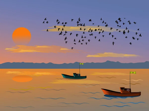 Bateau Pêche Naviguant Dans Mer Soir Avoir Coucher Soleil Fond — Image vectorielle
