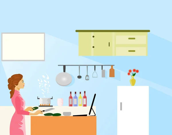 Frau Die Lebensmittel Zubereitet Indem Sie Internet Kochmethoden Der Küche — Stockvektor