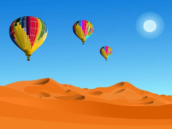 Renkli balonlar gökyüzünde yüzen çölün üzerinde arka planda mavi bir gökyüzü ile