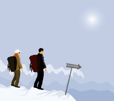 Erkek ve dişi turistler, önlerinde dağlar ve arka planda gökyüzü ile karla kaplı tepelerde dururlar.