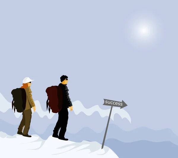 Männer Und Frauen Stehen Auf Den Schneebedeckten Gipfeln Vorne Ein — Stockvektor