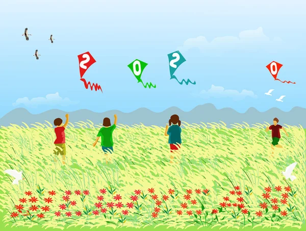 Dört çocuk, sazlıklar tarlasında 2020 figürlü bir uçurtma oynuyorlar. Yeni yıl mektuplarında kırmızı çiçekler sıralanmış. Dağlar ve mavi gökyüzü arka planı var..