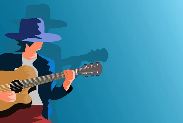Şapka takan bir adam mavi arka planda akustik gitar çalıyor..