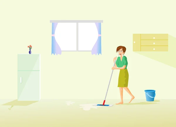 家政婦は家の床を冷蔵庫と窓で掃除しています — ストックベクタ