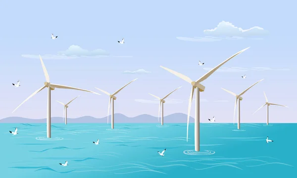 Группа Турбин Вырабатывает Электричество Ветра Море Небом Заднем Плане — стоковый вектор