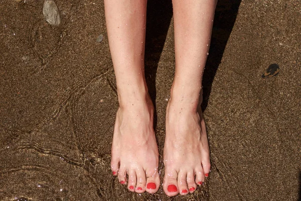 feet in water, female feet in the sand sea