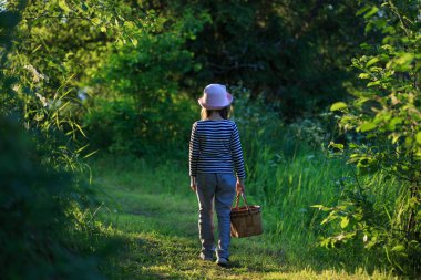 Yeşil ormanda bir sepet taşıyan bir yolda yürüyen genç kız