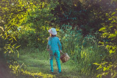 Yeşil ormanda bir sepet taşıyan bir yolda yürüyen genç kız