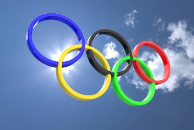 Bulutlu gökyüzü arka planda Olimpiyat halkaları. spor 3D render logosu.