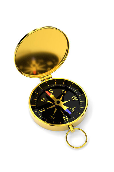 Винтажный золотой компас с крышкой. Изолировать иллюстрацию. 3d-рендеринг
