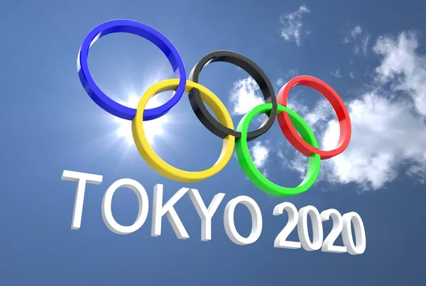 Tokyo Olympiske Ringe Overskyet Himmel Baggrund Rendering Logo Sport - Stock-foto