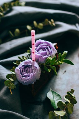 Parça çikolatalı Doğum günü pastası mor krem gül ve mum