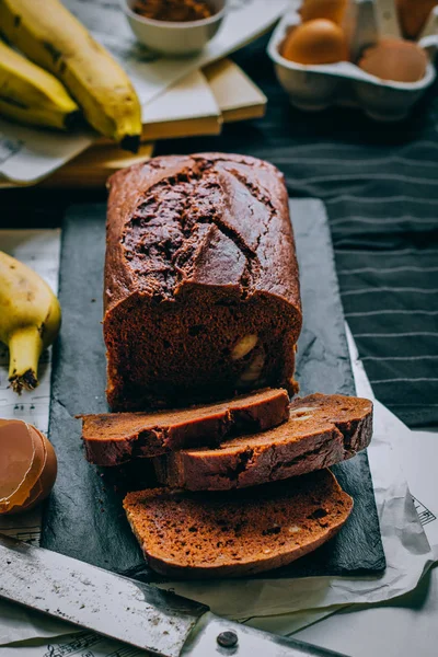 Pain Aux Bananes Chocolat Petit Déjeuner Matinal Avec Café Gâteau — Photo