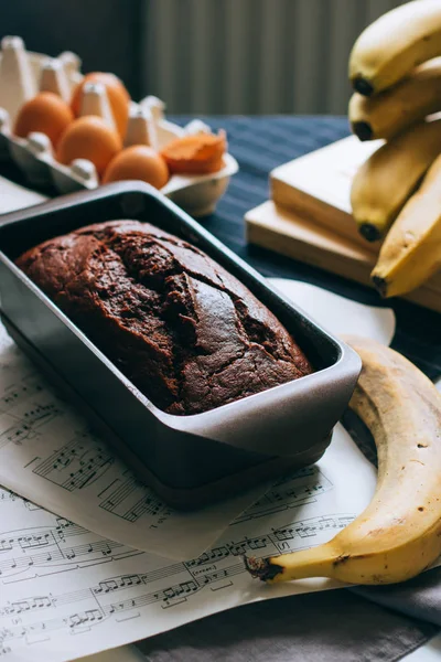 Шоколадный Банановый Хлеб Утренний Завтрак Кофе Тортом — стоковое фото