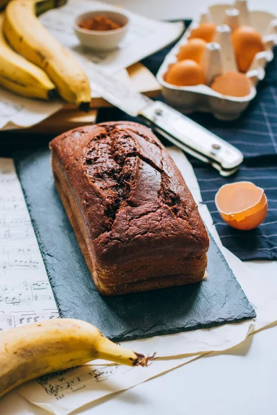 Шоколадный Банановый Хлеб Утренний Завтрак Кофе Тортом — стоковое фото