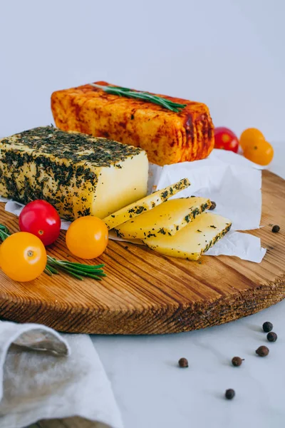 Cheese Halumi Mint Smoked Paprika Wooden Board Tomatoes Pepper Rosemary — Stock Photo, Image