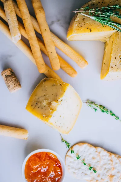 Cachotta Cheese Herbs Jam Baguette Crackers Rosemary Thyme Marble — Stock Photo, Image