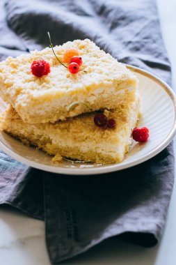 Ahududu ve beyaz bir plaka üzerinde kırmızı kuş üzümü ile dekore edilmiş bir kek ile süzme peynir kek parçaları