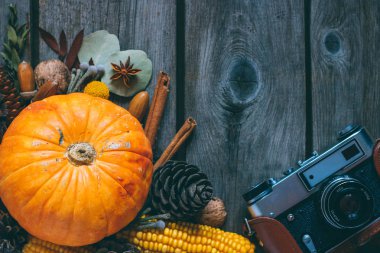 Sonbahar arka plan, kabak, meşe palamutları, Mısır, yaprakları, Mısır, tarçın, anason, film kamera ahşap kurullarında. Üstten görünüm, kopya alanı.