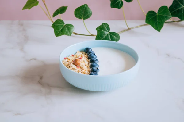 Cuenco de desayuno saludable con muesli y yogur sobre fondo rosa y mármol. Comer limpio, vegetariano, vegetariano, alkiline dieta concepto de alimentos — Foto de Stock