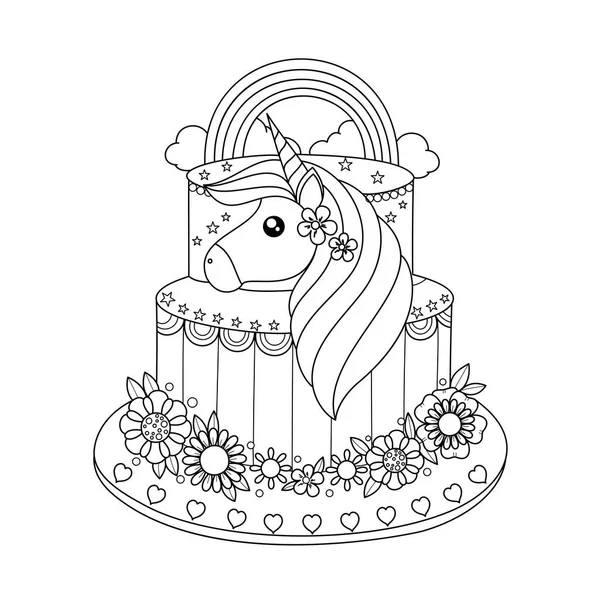 Книга Раскраски Торта Единорога Взрослых Векторная Иллюстрация Стиль Handdrag — стоковый вектор