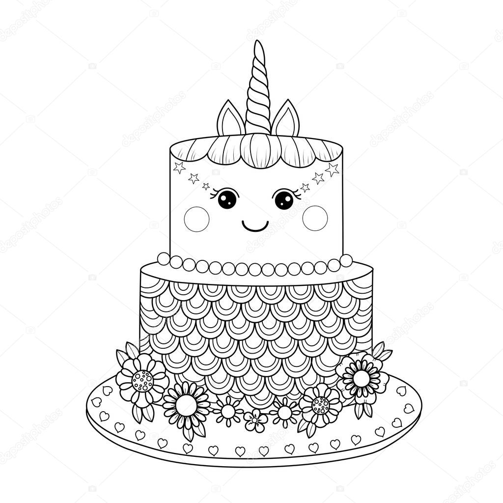 Unicorn cake coloring book for adult. Vector illustration. Handdrawn.Doodle style.