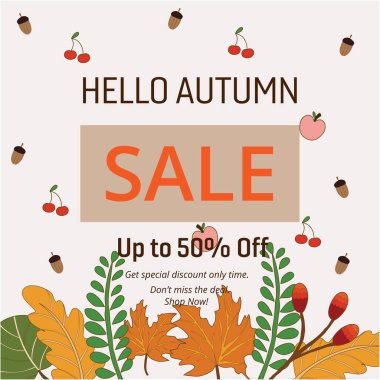 Merhaba sonbahar indirimi afişi. Düz dizayn. Vektör illüstrasyonu.
