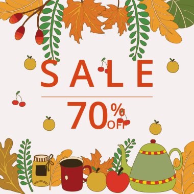 Merhaba sonbahar indirimi afişi. Düz dizayn. Vektör illüstrasyonu.