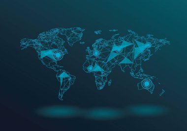 Vektör Dünya Haritası düğümlerle noktalar ve çizgiler çizgileri tarafından bağlı. Bağlantı yapısı. Vektör bilim arka plan. Poligonal vektör arka plan