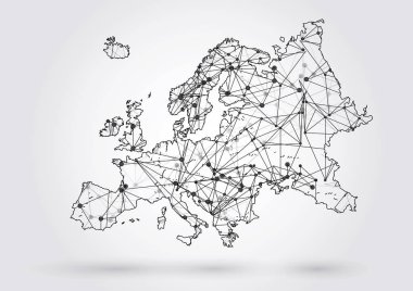 Avrupa Haritası noktalar ve çizgiler çizgileri tarafından bağlı düğümleri ile vektör. Bağlantı yapısı. Vektör bilim arka plan. Poligonal vektör arka plan.