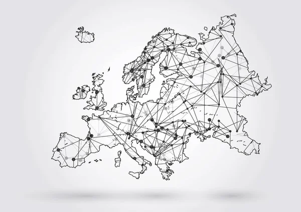 Avrupa Haritası noktalar ve çizgiler çizgileri tarafından bağlı düğümleri ile vektör. Bağlantı yapısı. Vektör bilim arka plan. Poligonal vektör arka plan.