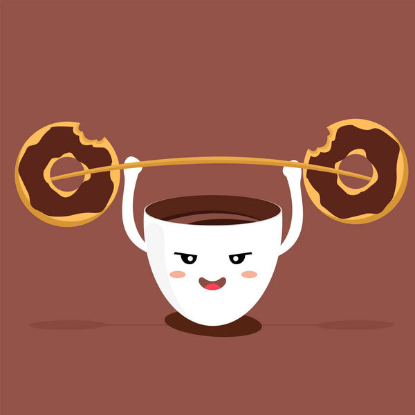 Funny cartoon characters coffee cup. Vector illustration flat design. Strong coffee concept.