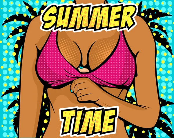 Close Sexy Female Bikini Text Summer Time Vector Colorful Illustration — Stock Vector
