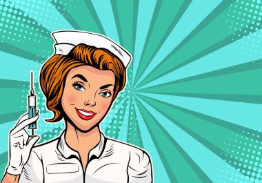 Beautiful nurse with a syringe for vaccination. Medicine and health care. Pop art retro vector illustration clipart