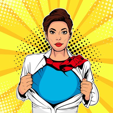 Pop art kadın süper kahraman. Beyaz ceket giymiş genç seksi kadın süper kahraman gösterir t-shirt. Vektör çizim retro pop sanat komik tarzı.
