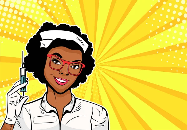 Piękne African American Pielęgniarki Strzykawka Szczepienia Medycyna Ochrona Zdrowia Ilustracja — Wektor stockowy