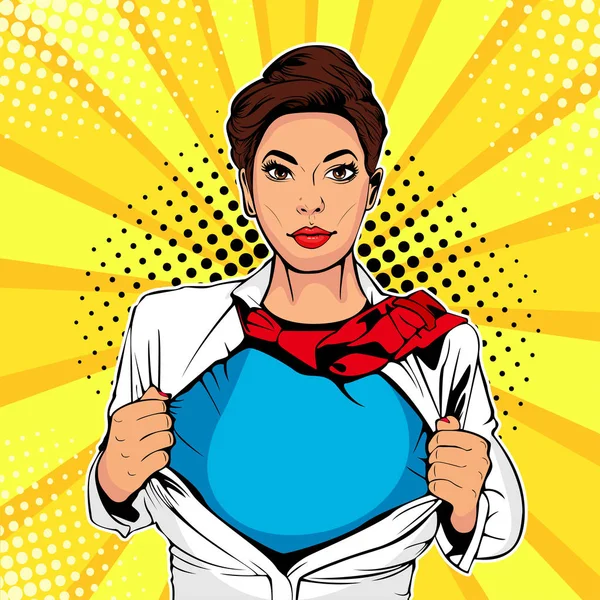 Pop art kadın süper kahraman. Beyaz ceket giymiş genç seksi kadın süper kahraman gösterir t-shirt. Vektör çizim retro pop sanat komik tarzı.
