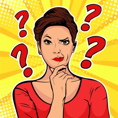 Woman skeptical facial expressions face with question marks upon hear head. Pop art retro vector illustration in comic style clipart