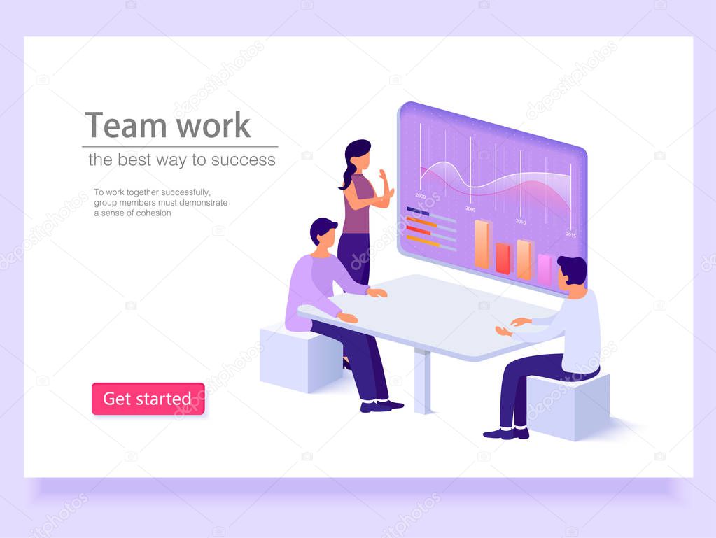 Landing page template. People work in office and in a team with graphs. Management, business, workflow situations. Vector isometric illustration.