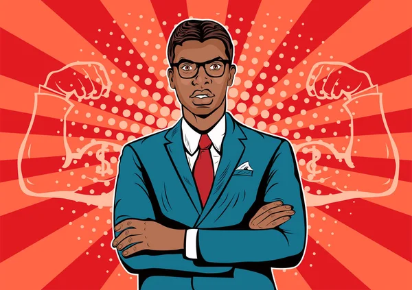 Αφροαμερικανός Άνθρωπος Μυς Δολάριο Ευρώ Pop Art Ρετρό Στυλ Ισχυρός — Διανυσματικό Αρχείο