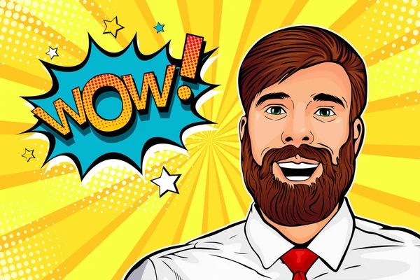 Wow Pop Art Male Hipster Face Young Surprised Man Beard — Stock Vector