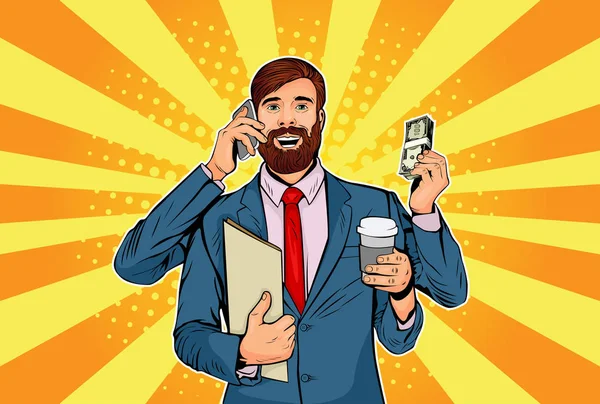 Sakallı hipster işadamı ve zaman yönetimi ve multitasking birçok el iş kavramı. Retro tarzı pop art vektör illüstrasyon