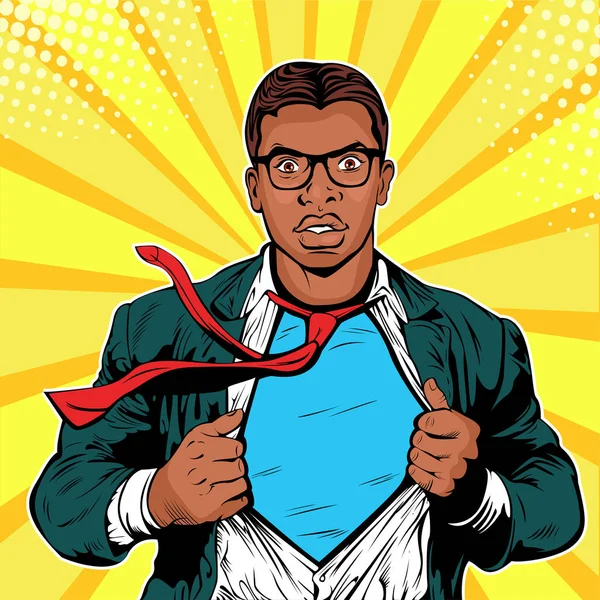 Мужчина Афро Американский Бизнесмен Супергерой Поп Арт Ретро Векторная Иллюстрация — стоковый вектор