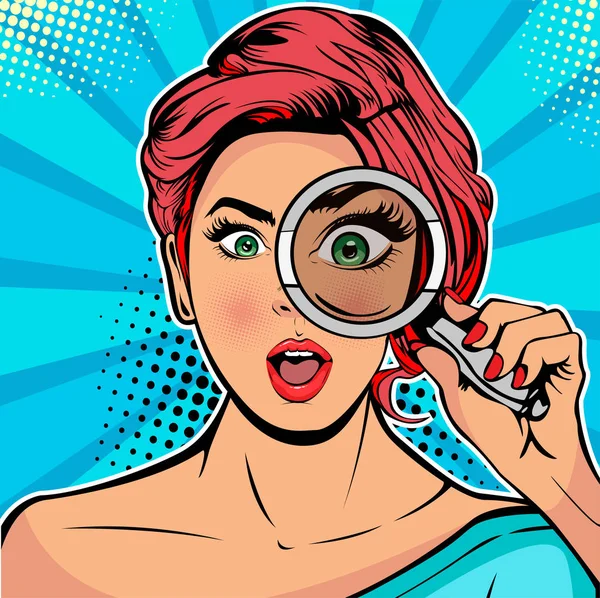 Büyüteç arama yoluyla arayan bir dedektif kadındır. Vektör çizim pop sanat retro çizgi roman tarzı