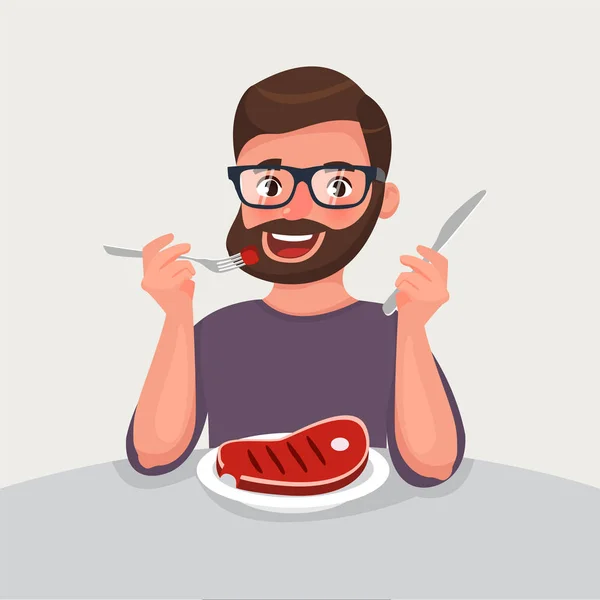 Hipster Barbuto Sta Mangiando Carne Mangiare Carne Concetto Nutrizione Malsana — Vettoriale Stock