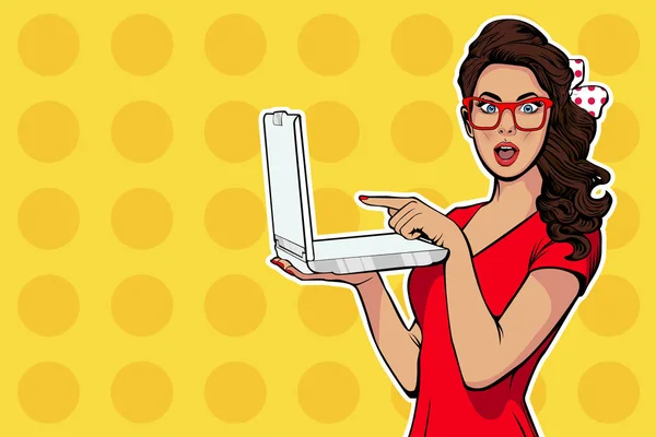 Üzerinde parmak ile handpointing içinde laptop kız. Dijital reklam. Bazı haberler veya satış kavram. Vay canına, omg duygu. Pop sanat retro tarzı çizgi film komik çizimde.